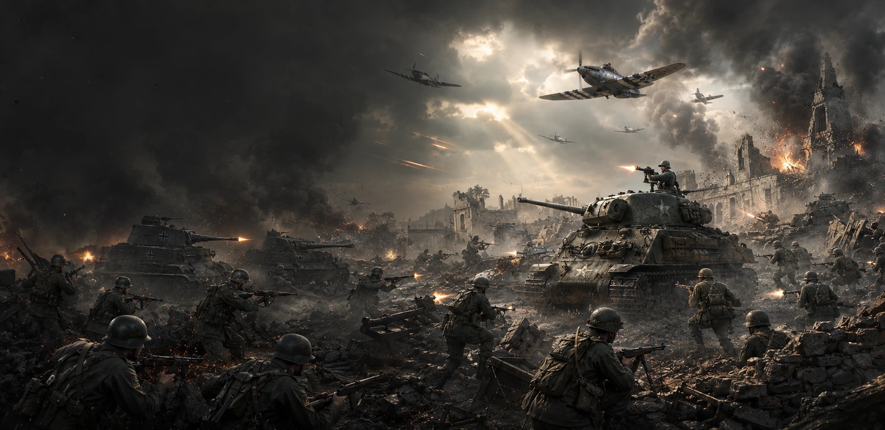 Cinematic World War II tabletop battlefield scene with smoke, silhouettes and ruined terrain.