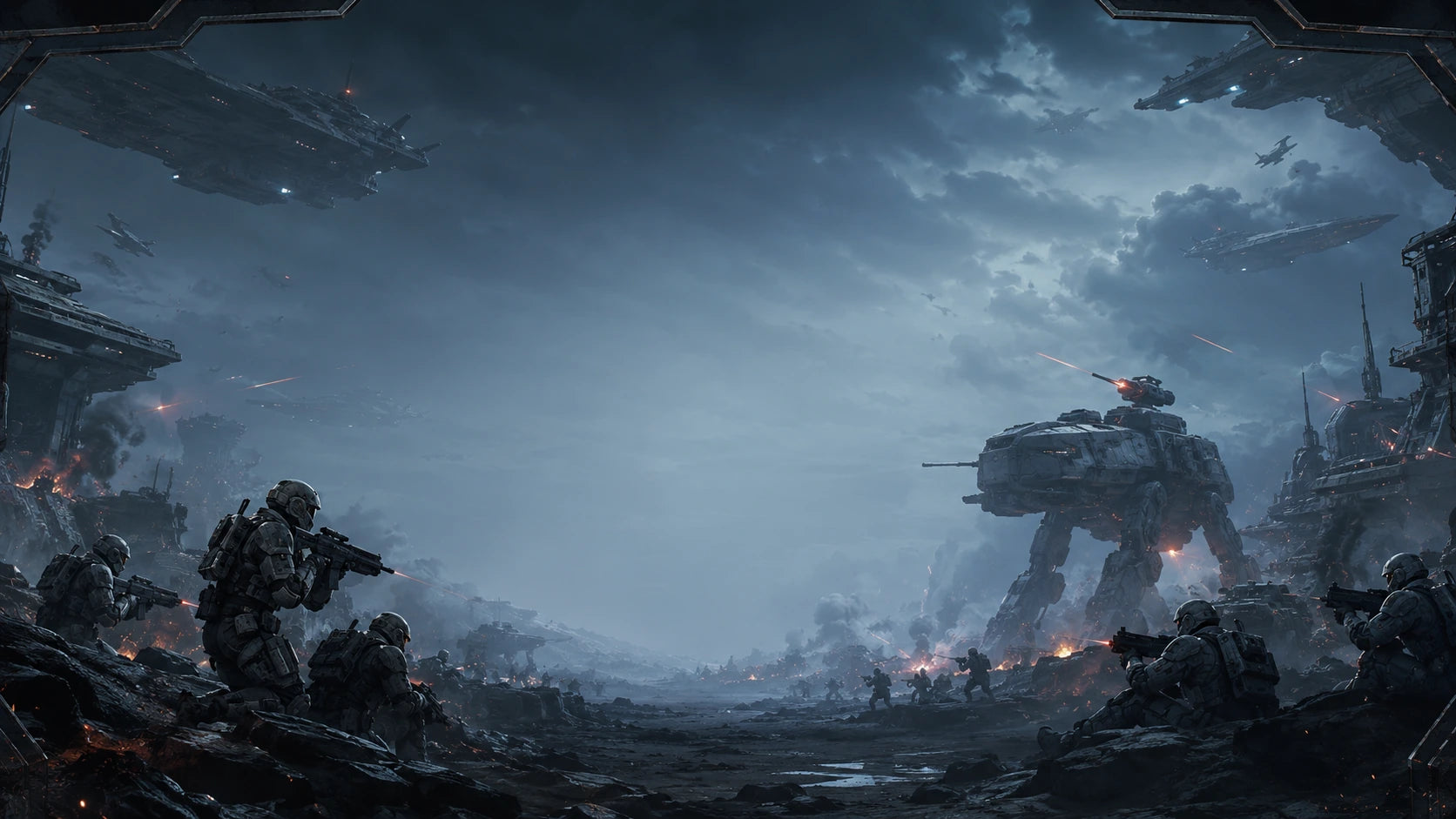 Original cinematic sci-fi tabletop battlefield with armored troops, ships, smoke and blue lighting.